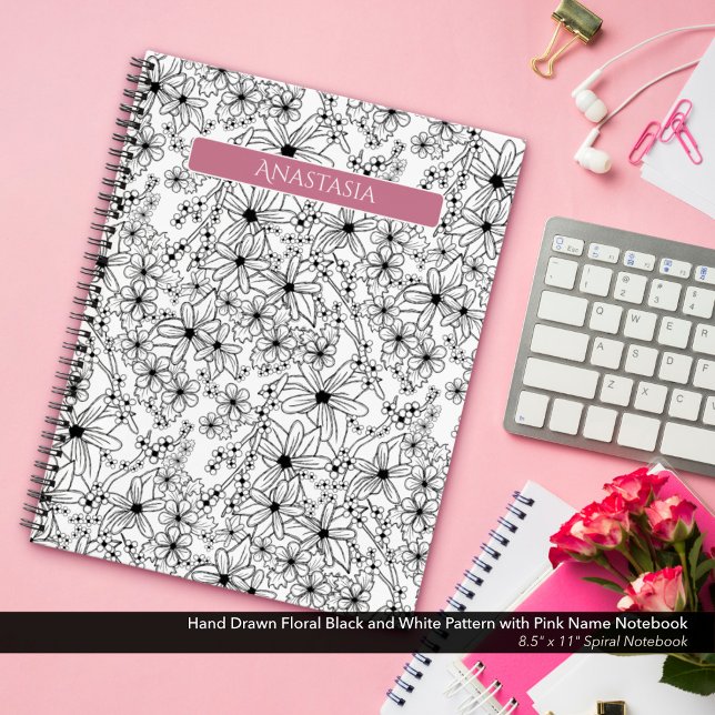 Hand Drawn Floral Black White Pattern & Pink Name Notebook (Spiral Notebook: Hand Drawn Floral Pattern in Black and White with Pink Name)