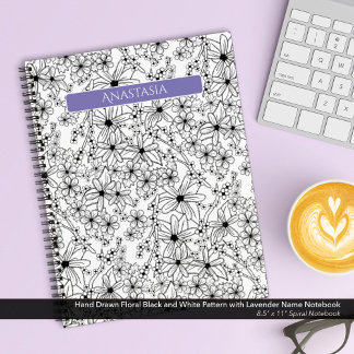 Hand Drawn Floral Black White Pattern Purple Name Notebook