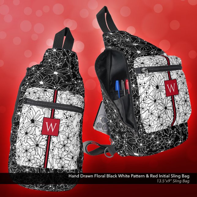 Hand Drawn Floral Black White Pattern Red Initial Sling Bag (Sling Bag: Hand Drawn Floral Pattern in Black White with Personalized Initial in Red)