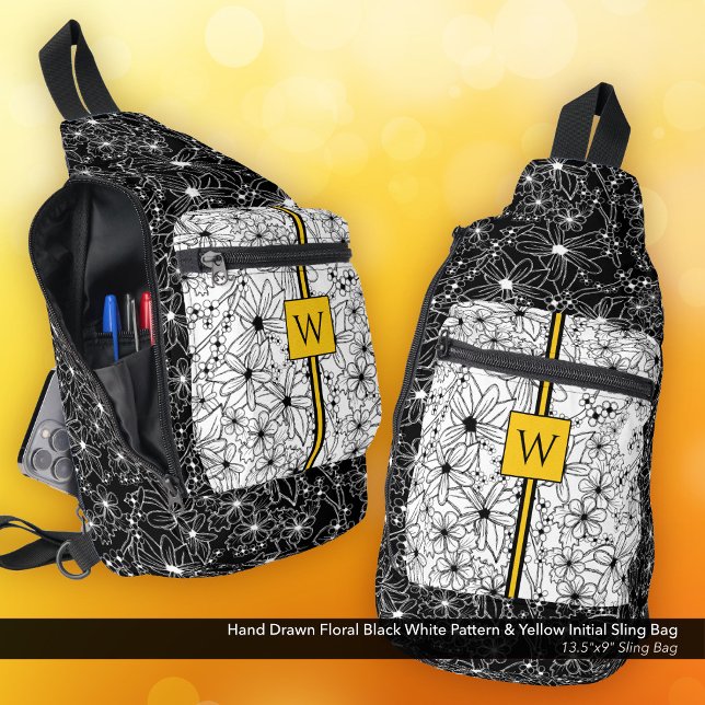 Hand Drawn Floral Black White Pattern with Initial Sling Bag (Sling Bag: Hand Drawn Floral Pattern in Black White with Personalized Initial in Yellow)