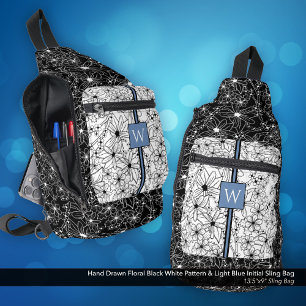 Hand Drawn Floral Black White Pattern with Initial Sling Bag