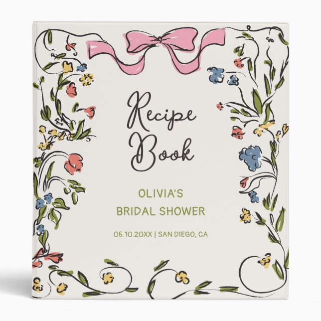 Hand Drawn Floral Bow Bridal Shower Recipe Binder (Front)