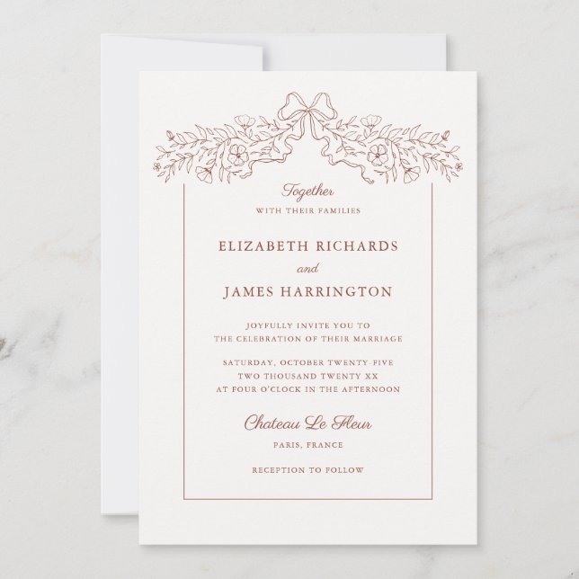 Hand Drawn Floral Bow Frame Terracotta Wedding Invitation (Front)