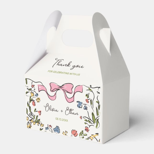 Hand Drawn Floral Bow Wedding Favor Box (Front Side)