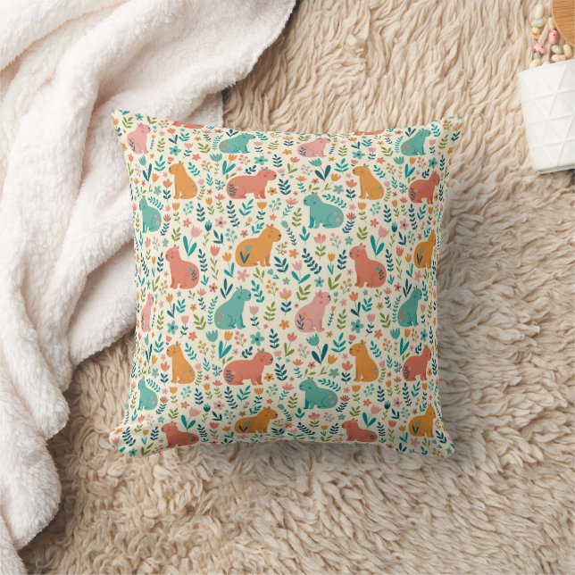 Hand Drawn Floral Capybara Throw Pillow (Blanket)