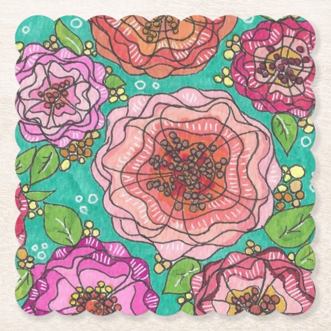 "Hand-drawn Floral Delight Coaster Set" (Front)