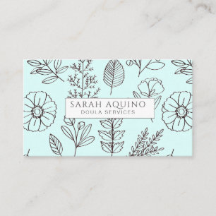 Hand Drawn Floral Doodle Doula Aqua Birth Coach Business Card