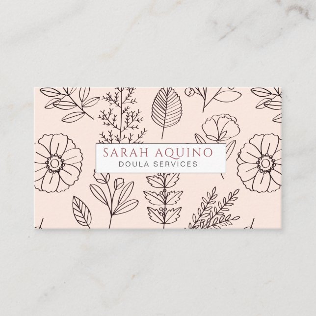 Hand Drawn Floral Doodle Doula Birth Services Pink Business Card (Front)