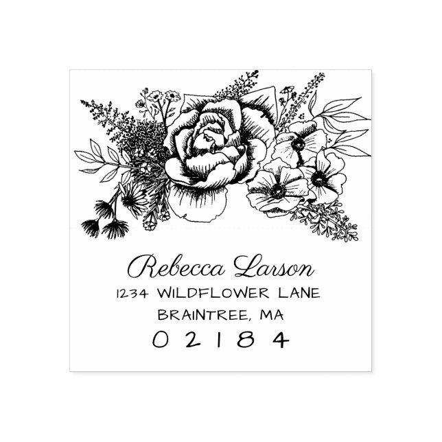Hand Drawn Floral Etching Return Address Rubber Stamp (Imprint)