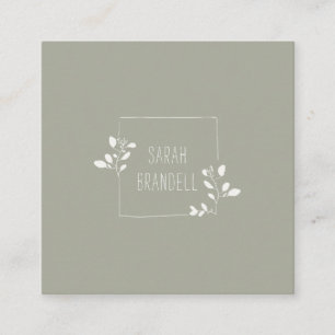 Hand-drawn Floral Frame in Sage & White Square Business Card