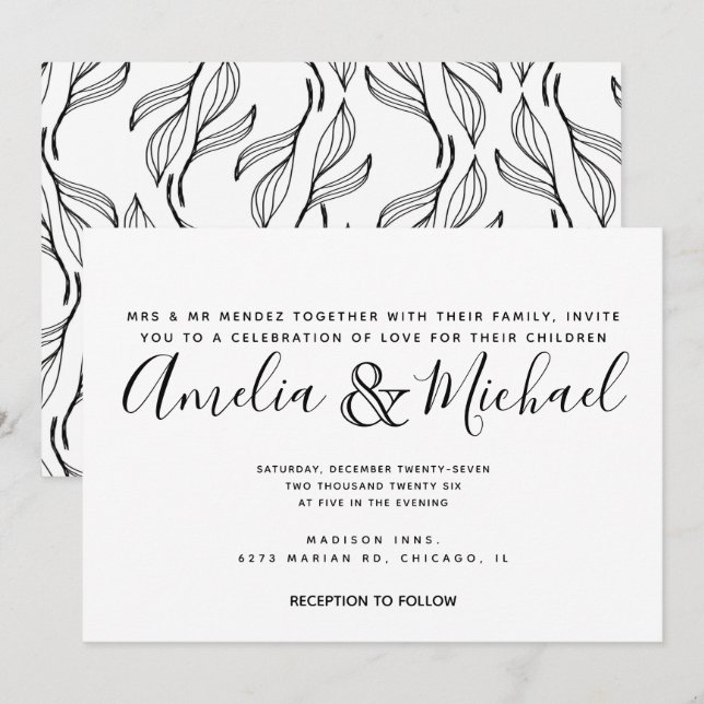 Hand Drawn Floral Greenery White Leaf Wedding Invitation (Front/Back)