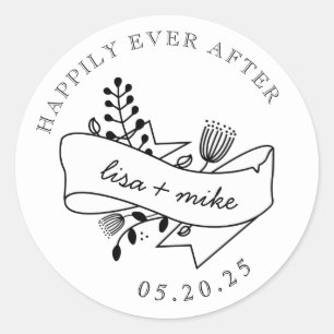 Hand Drawn Floral Happily Ever After Wedding Classic Round Sticker