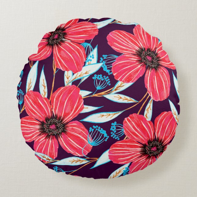 Hand-drawn floral herbal seamless pattern. Sketche Round Pillow (Front)