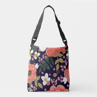 Hand drawn floral navy coral cross body tote bag