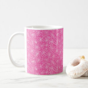 Hand-drawn floral on hot pink coffee mug
