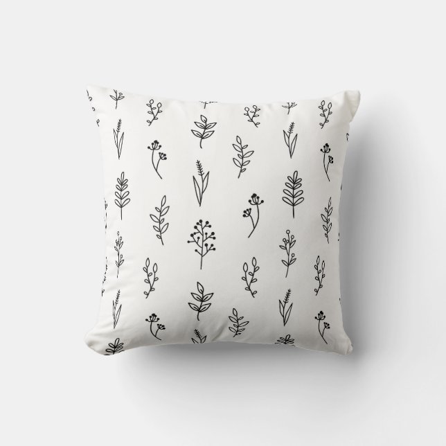 Hand-Drawn Floral Pattern Throw Pillow – Botanical (Front)