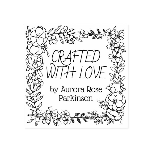 Hand Drawn Floral Square Crafted With Love Rubber Stamp (Imprint)