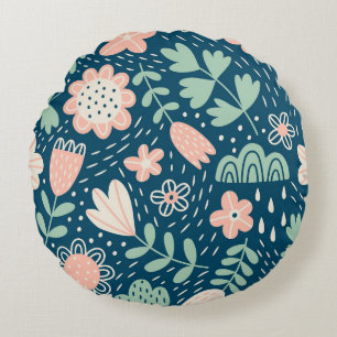 Hand drawn floral stilish fabric. Seamles pattern Round Pillow