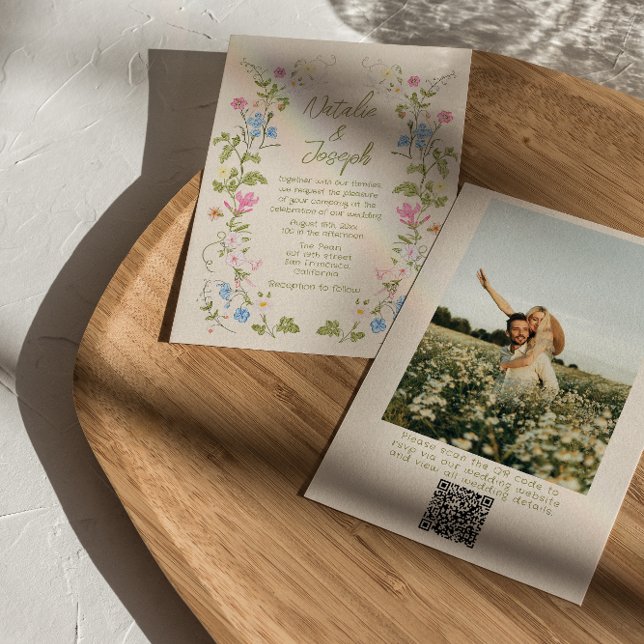 Hand Drawn Floral Summer Photo QR Code Wedding Invitation (Creator Uploaded)
