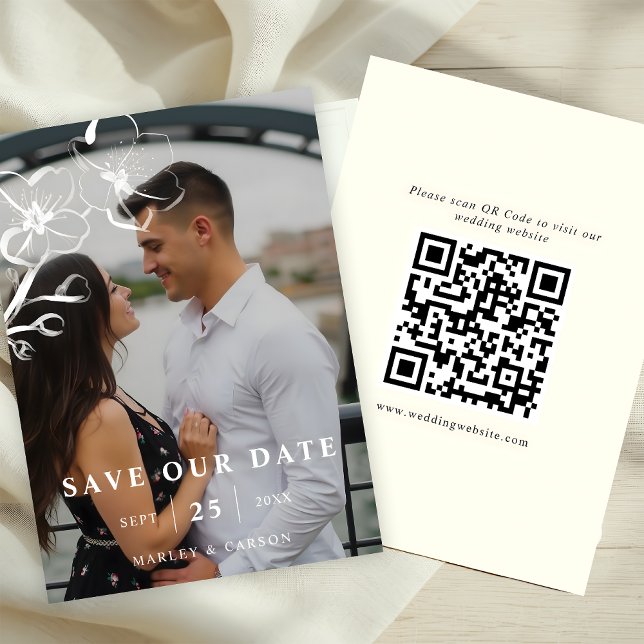 Hand Drawn Floral Wedding QR Code Photo  Save The Date (Creator Uploaded)