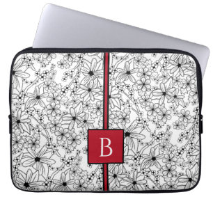 Hand Drawn Floral White Black Pattern and Monogram Laptop Sleeve