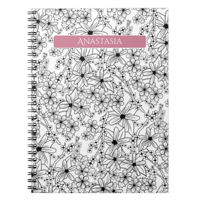 Hand Drawn Floral White Black Pattern & Pink Name Notebook (Front)