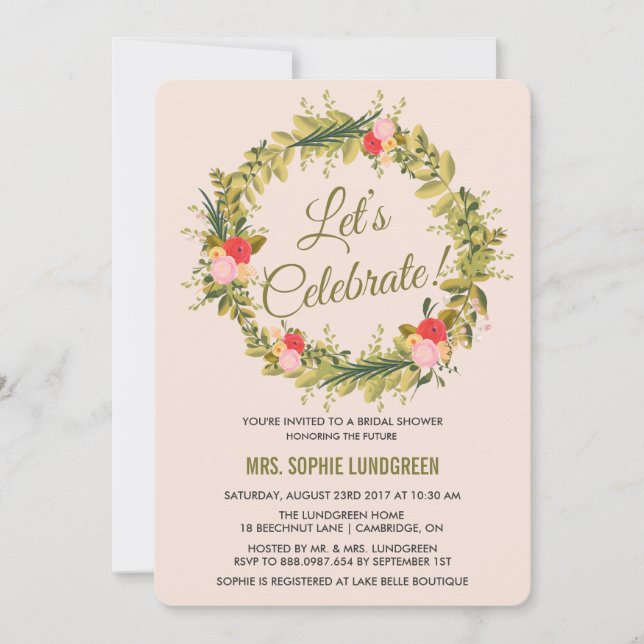 Hand Drawn Floral Wreath Bridal Shower Invitation (Front)