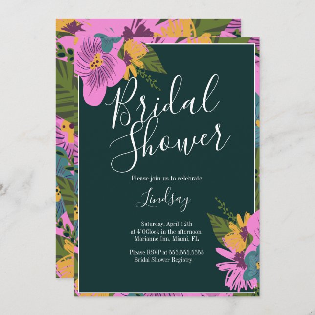 Hand  Drawn Florals Bold Greenery  Bridal Shower Invitation (Front/Back)