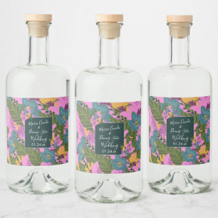 Hand  Drawn Florals Wedding Bold Pink Greenery    Liquor Bottle Label