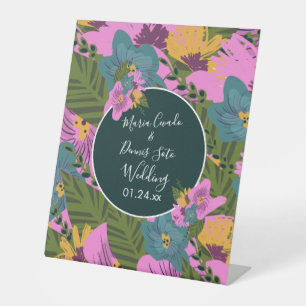Hand Drawn Florals Wedding Bold Pink Greenery Pedestal Sign