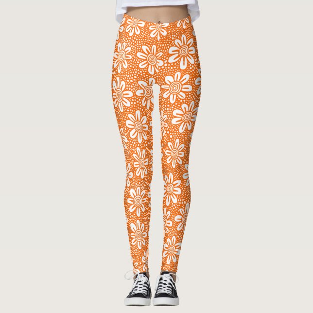 Hand Drawn Flower Pattern 140617 - Orange Leggings (Front)