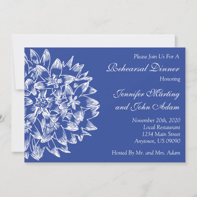 Hand Drawn Flower Rehearsal Dinner Invite (Navy) (Front)