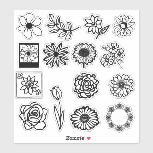 Hand Drawn Flower Stickers | Black and White (Sheet)