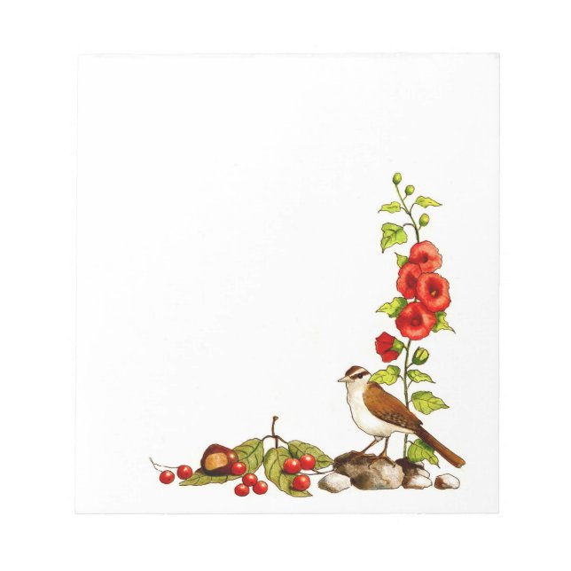 Hand Drawn Flowers, Bird, Berries: Nature Border Notepad (Front)