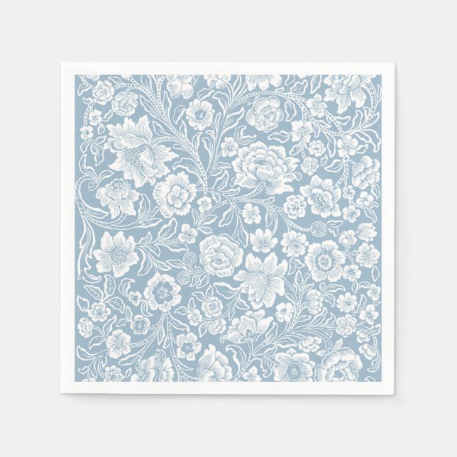 Hand-drawn Flowers,Blue Grey White Botanical Art Napkin (Front)