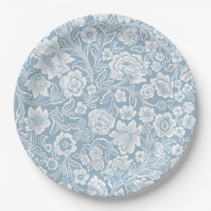 Hand-drawn Flowers,Blue Grey White Botanical Art Paper Plate