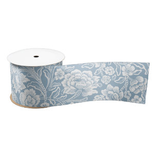 Hand-drawn Flowers,Blue Grey White Botanical Art Satin Ribbon