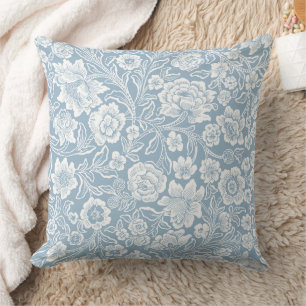 Hand-drawn Flowers,Blue Grey White Botanical Art Throw Pillow