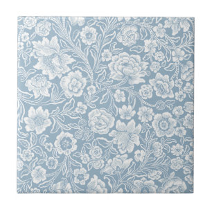 Hand-drawn Flowers,Blue Grey White Botanical Art Tile