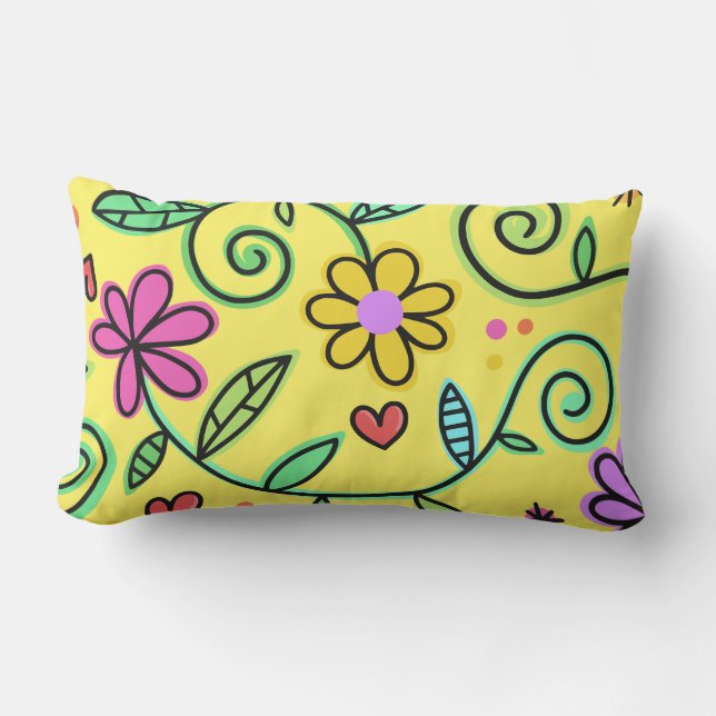 Hand Drawn Flowers Colourful Floral Yellow Lumbar Pillow (Front)