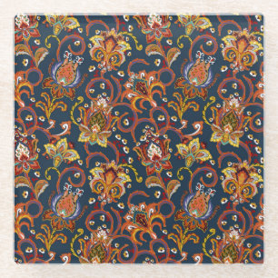 Hand Drawn Flowers: Colourful Navy Pattern Glass Coaster