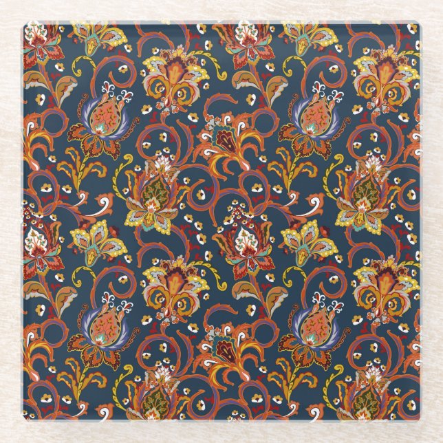 Hand Drawn Flowers: Colourful Navy Pattern Glass Coaster (Front)