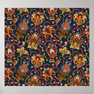 Hand Drawn Flowers: Colourful Navy Pattern Poster