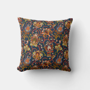 Hand Drawn Flowers: Colourful Navy Pattern Throw Pillow