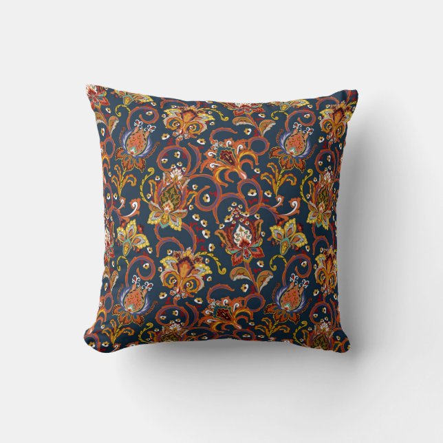 Hand Drawn Flowers: Colourful Navy Pattern Throw Pillow (Front)