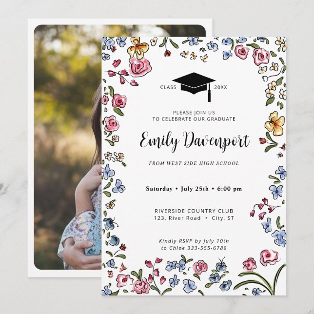 Hand drawn flowers Graduation photo on back  Invitation (Front/Back)