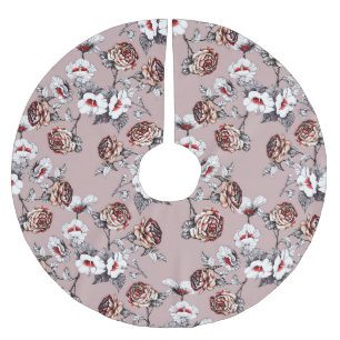 Hand-drawn flowers, pink watercolor pattern. brushed polyester tree skirt