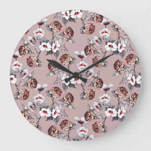 Hand-drawn flowers, pink watercolor pattern. large clock