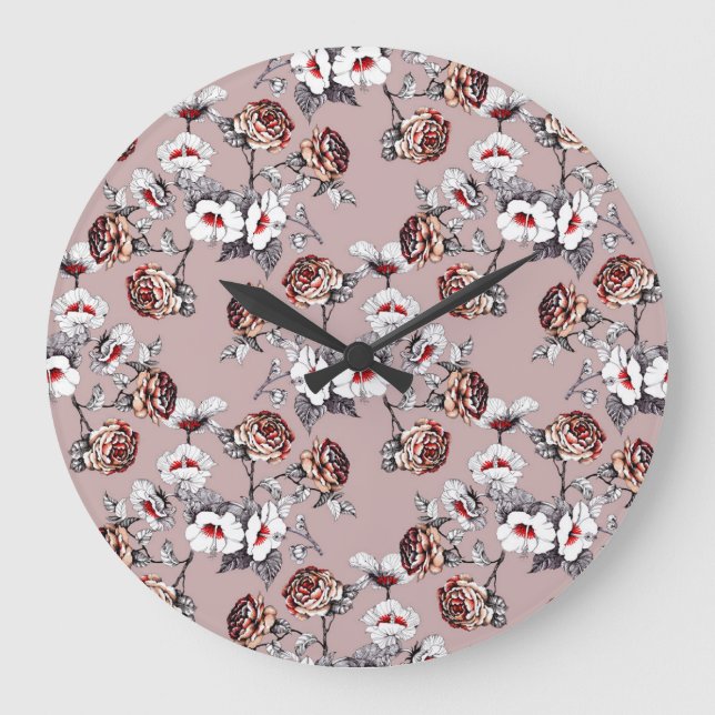 Hand-drawn flowers, pink watercolor pattern. large clock (Front)
