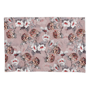Hand-drawn flowers, pink watercolor pattern. pillowcase
